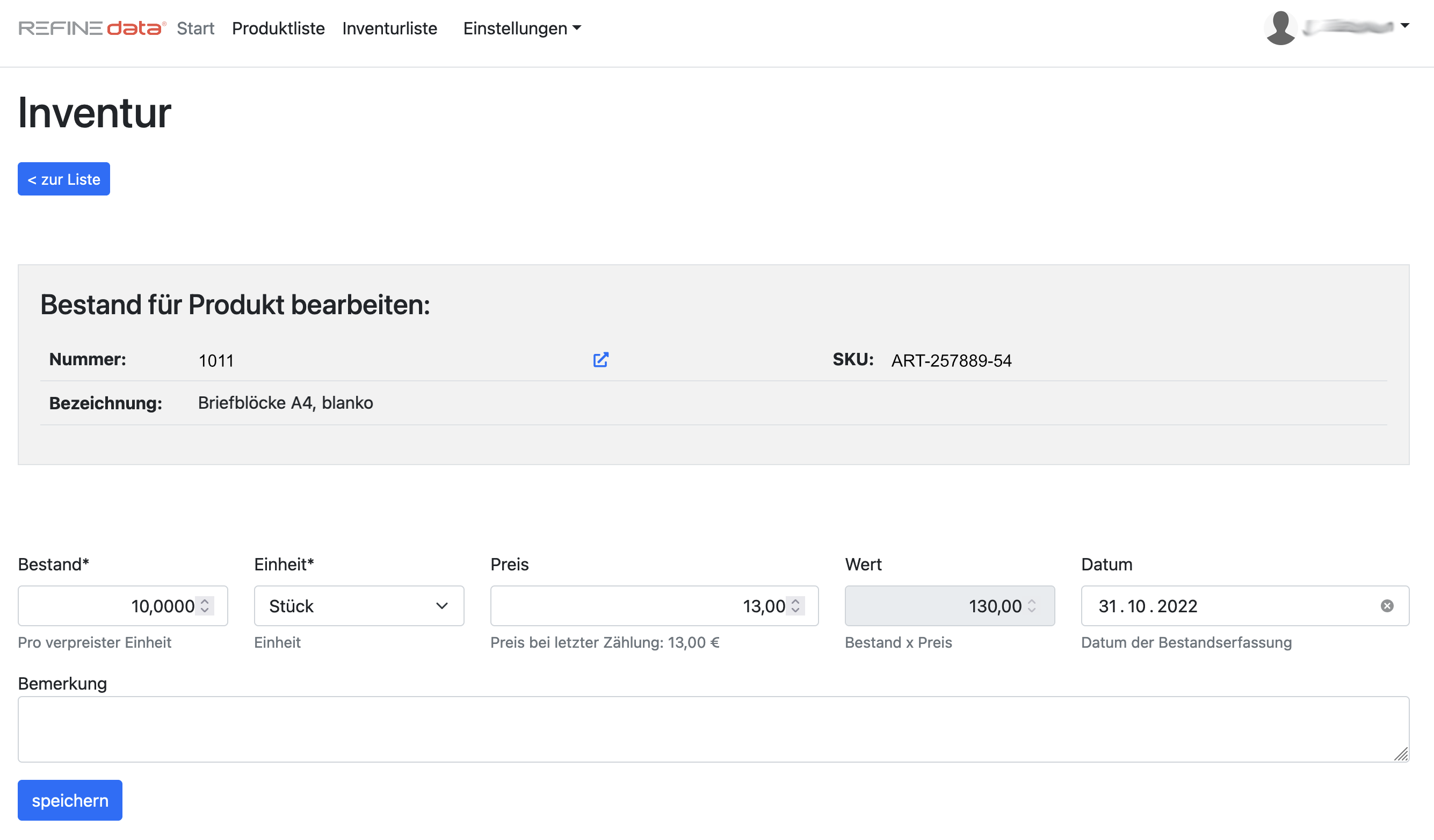 Inventur: Eingabeformular für Zählergebnisse
